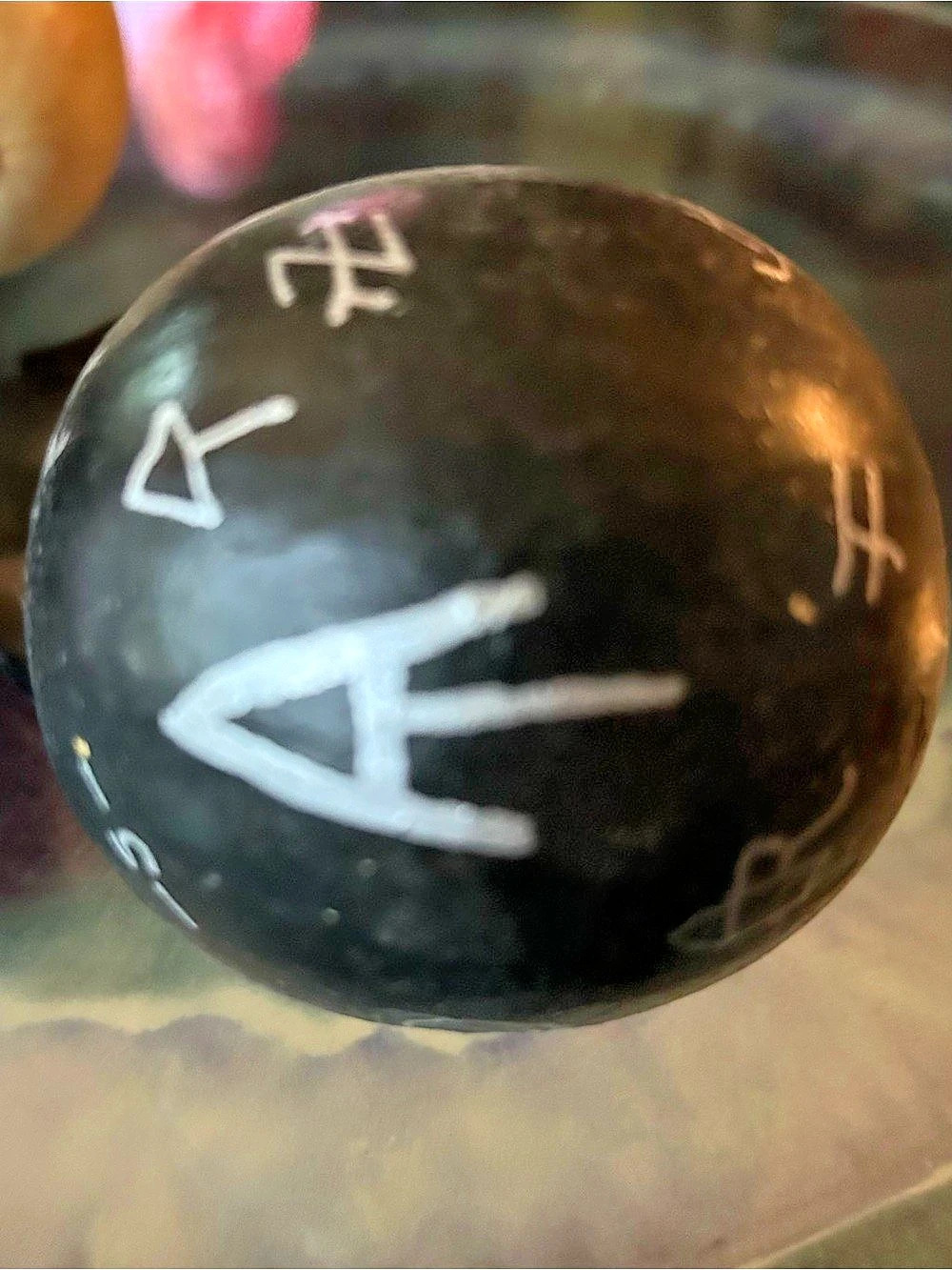 Black hieroglyphic print dried southwestern gourd decor from New Mexico